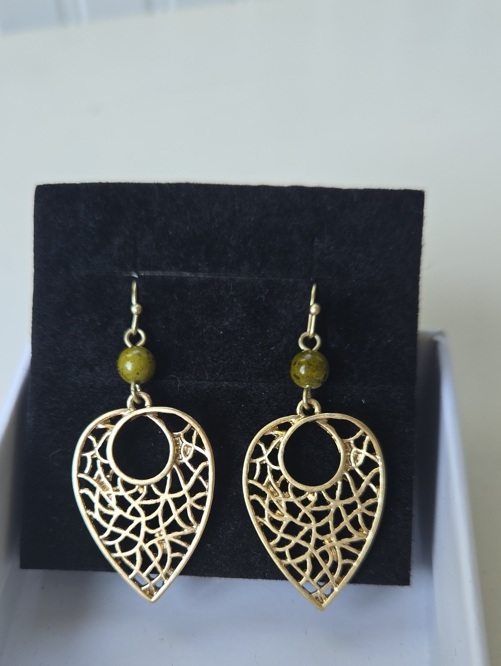 Gold Filigree Teardrop Earrings with Olive Bead